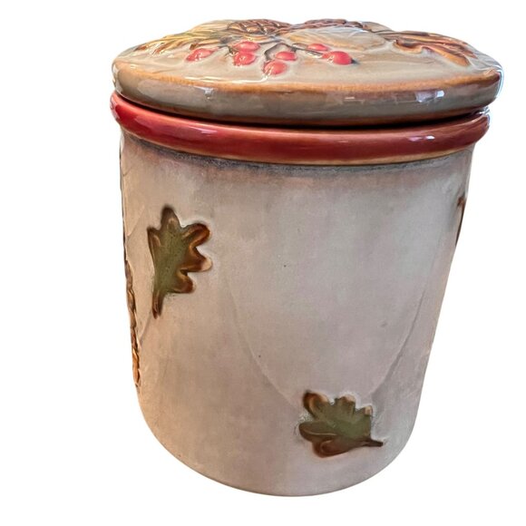 Vintage Ceramic Turkey Pinecone Autumn Canister Lid Small Crock Oak Leaves 4" - Picture 3 of 10